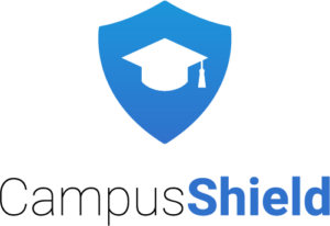 A blue shield with a white graduation cap inside, above the text "CampusShield" in black and blue letters.