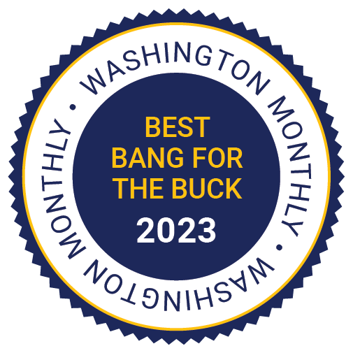 College rankings home page. 2023-24 Washington Monthly Best Bang for the Buck (Navy)Badge.